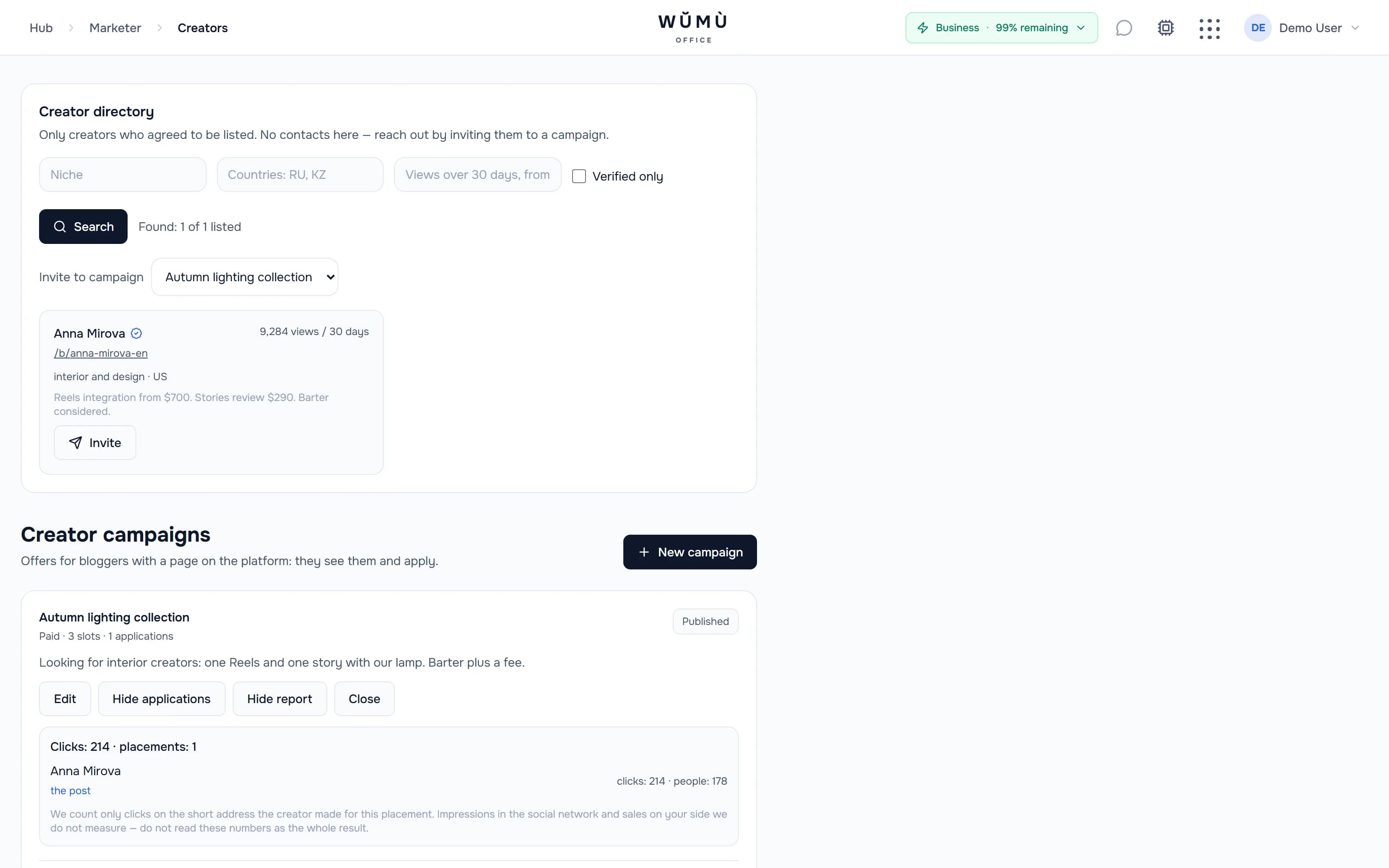 A brand campaign: creator applications and a click report