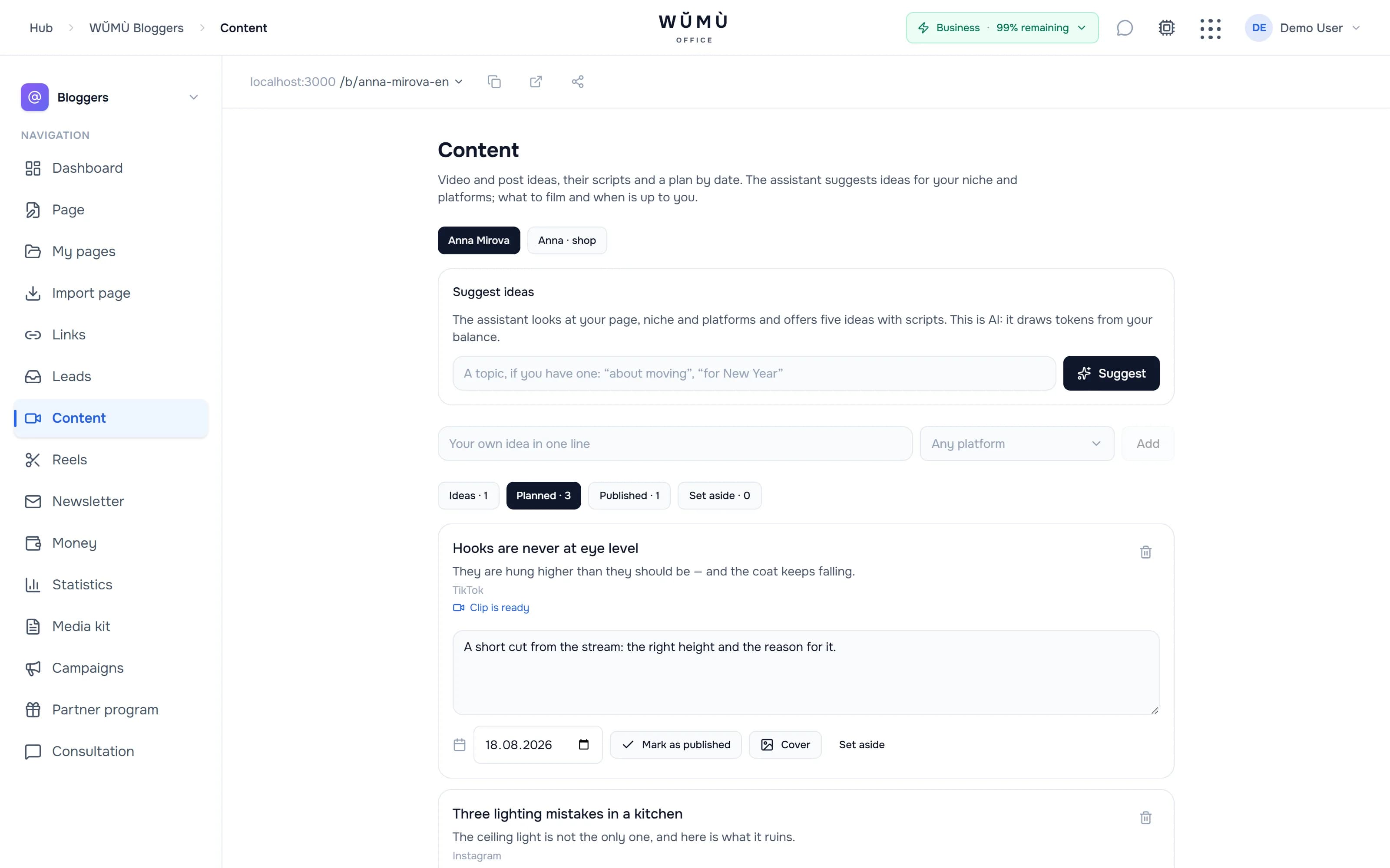 Content plan: ideas, scripts and dates