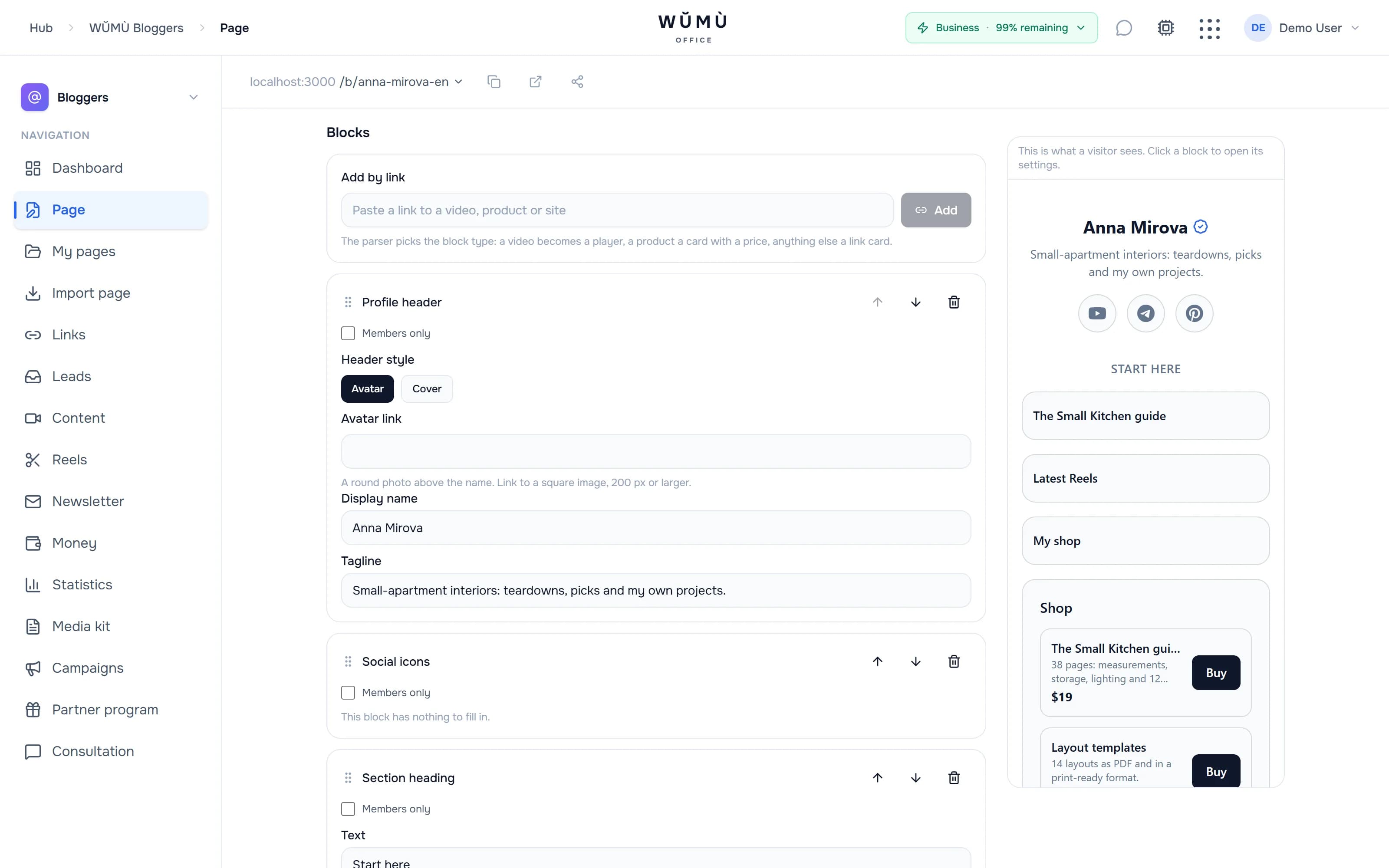 Page builder: blocks, links, shop and booking