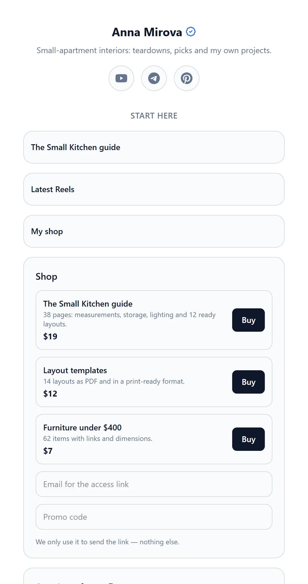 A creator's public page with links and a shop
