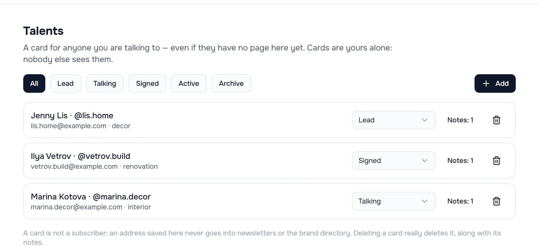 Agency talent cards with negotiation stages