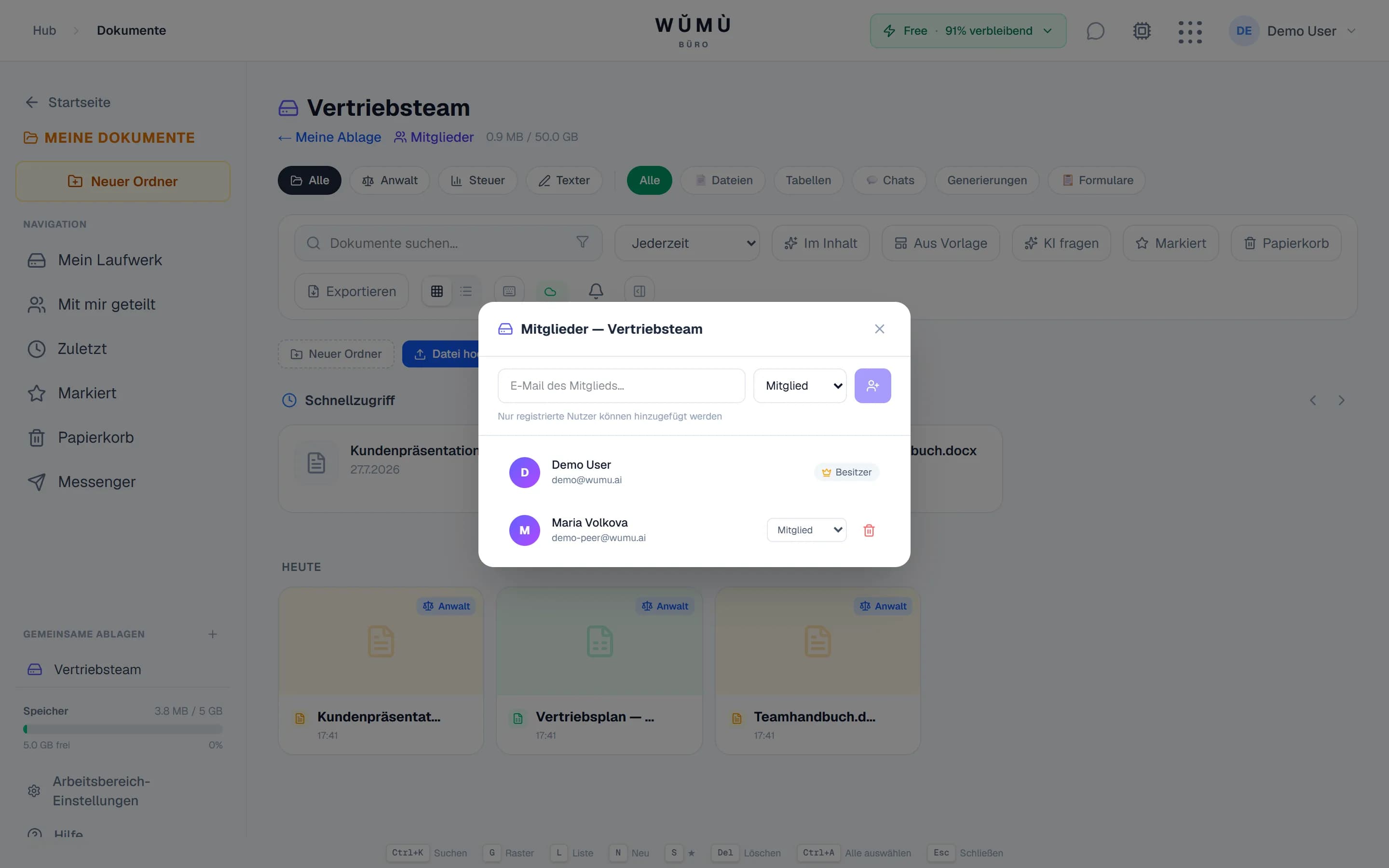 Eine gemeinsame Teamablage mit Mitgliederliste und Rollen
