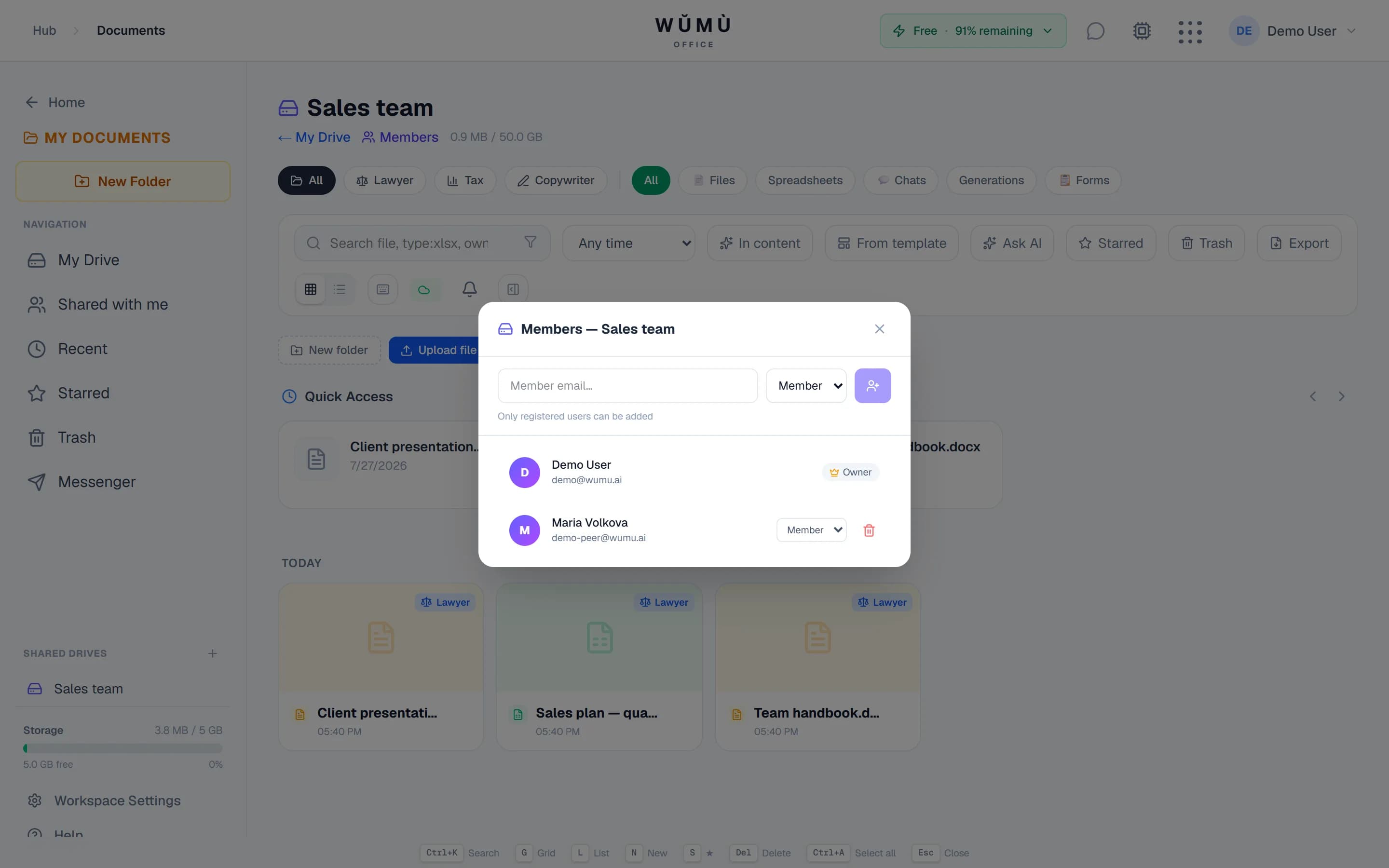 A shared team drive with its member list and roles