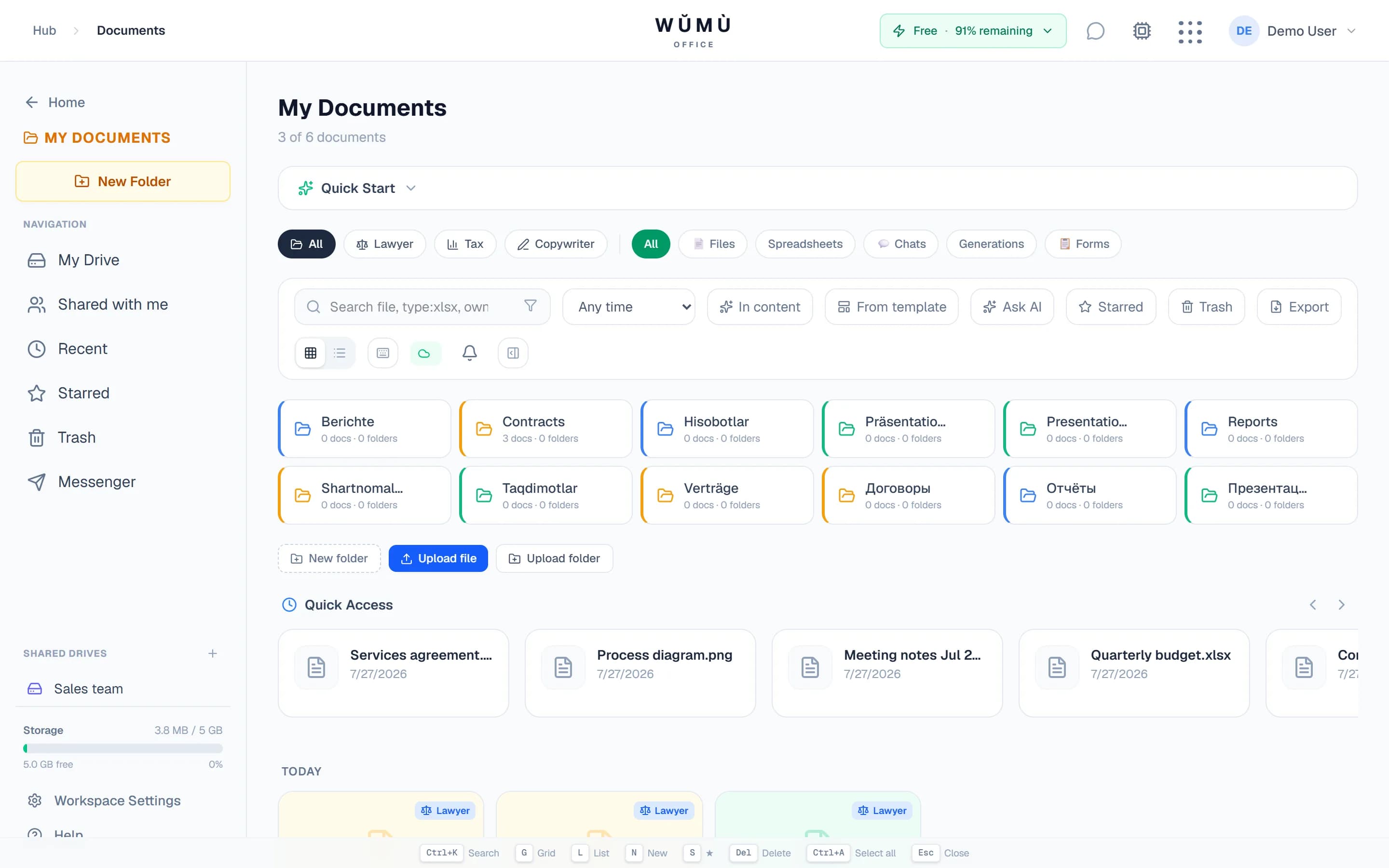 The My Documents section: files, folders and the sidebar