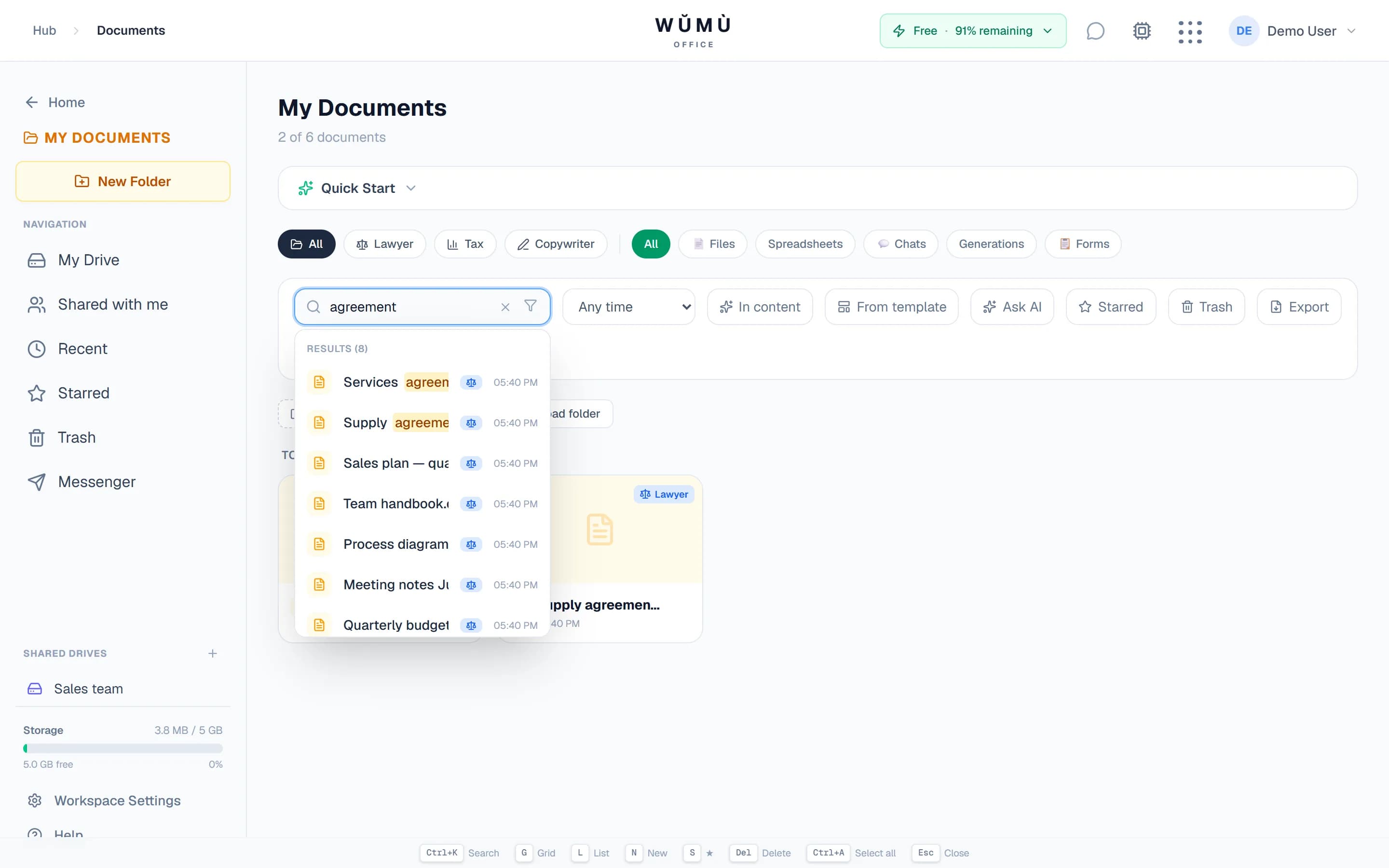 Document search with matching fragments highlighted