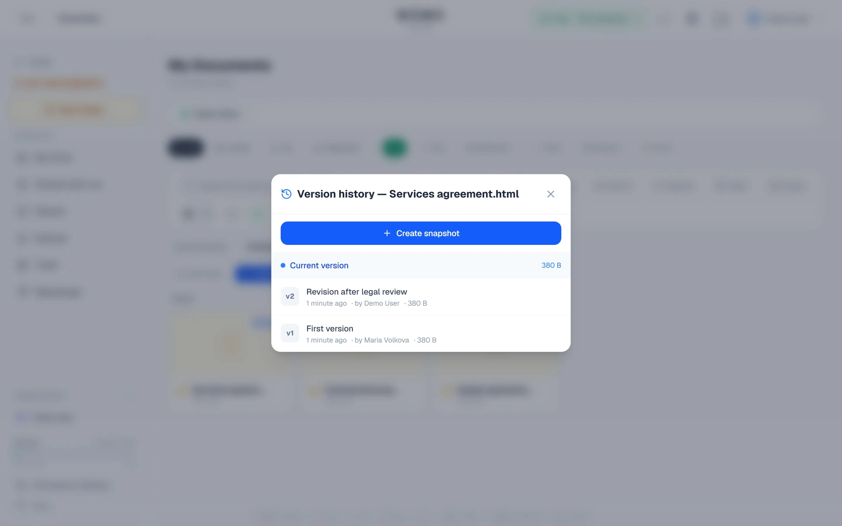 The document comments panel and version history