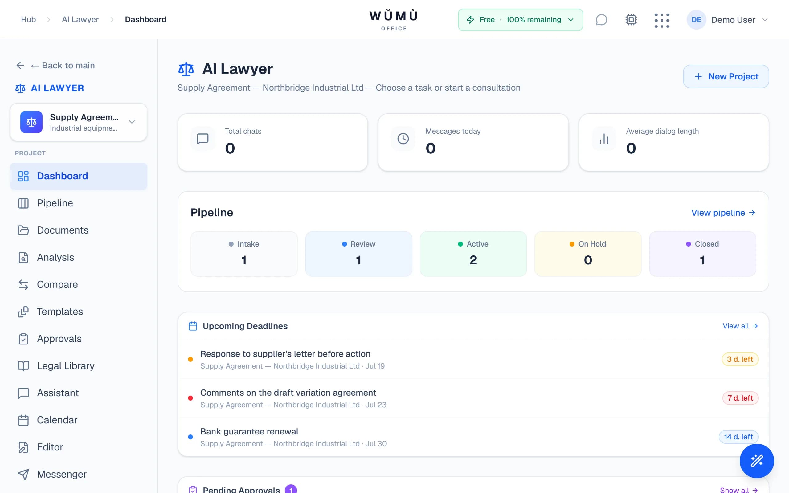 AI lawyer office dashboard: matter pipeline and counters
