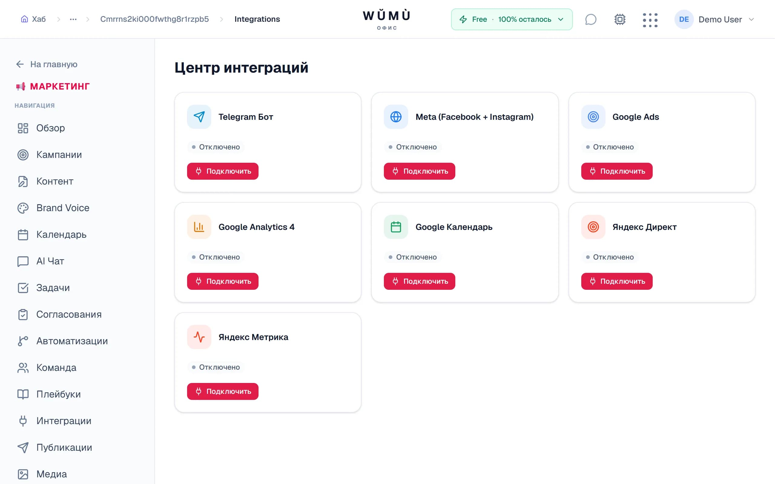 Интеграции — Telegram, Meta, VK и другие в пару кликов