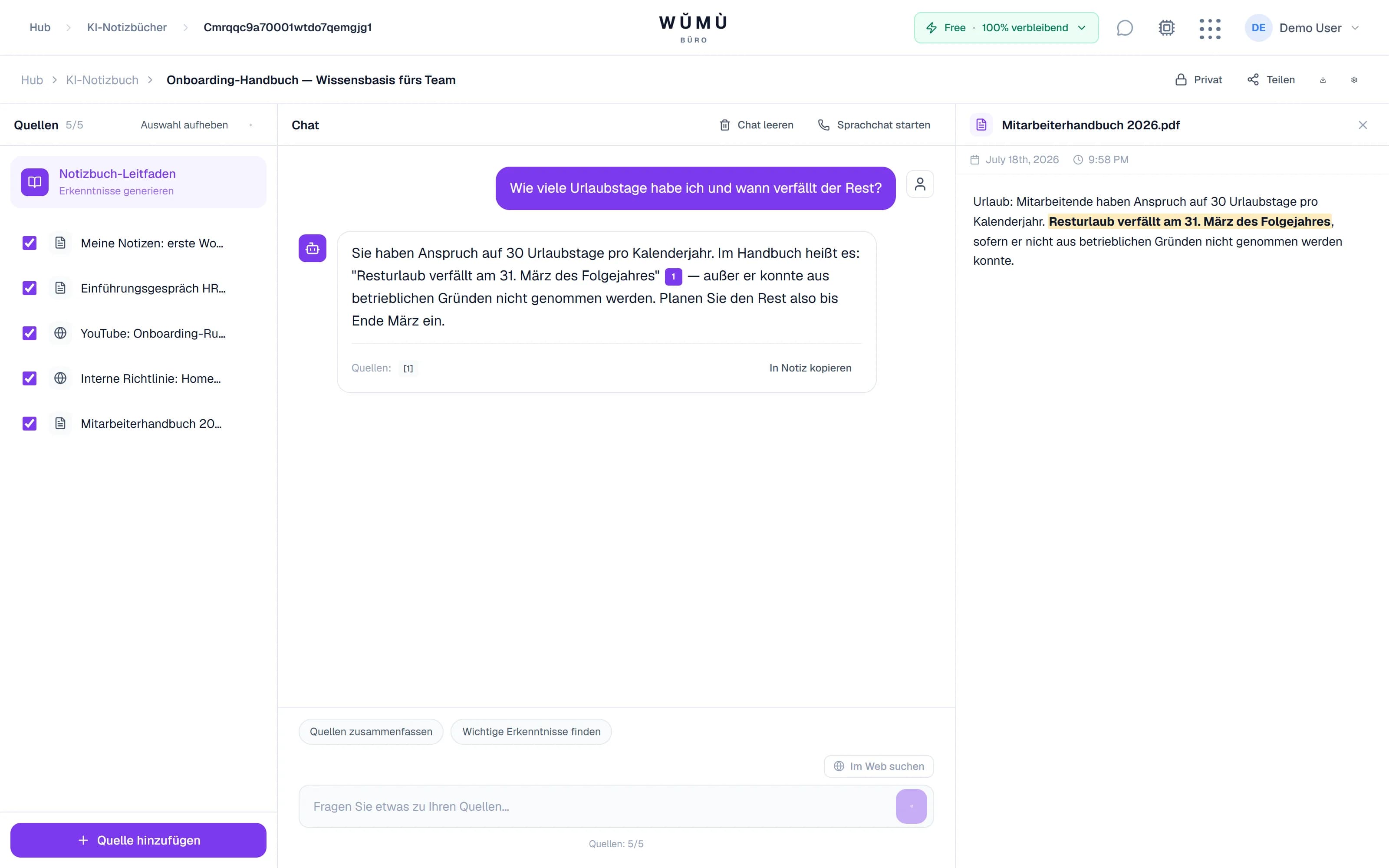 Chat-Antwort mit klickbaren Zitaten in die Quellen