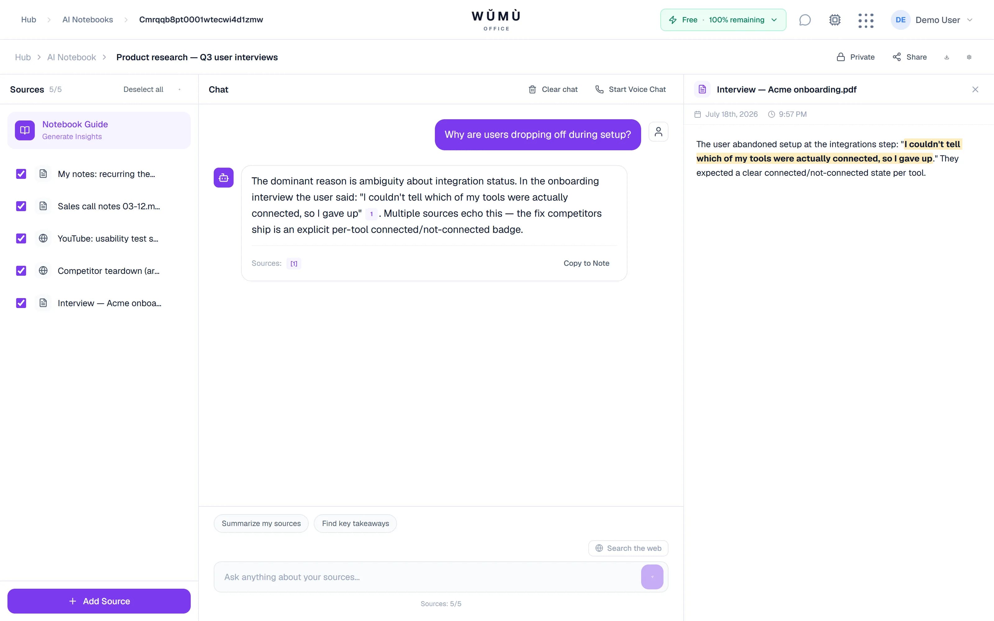 Chat answer with clickable citations into the sources