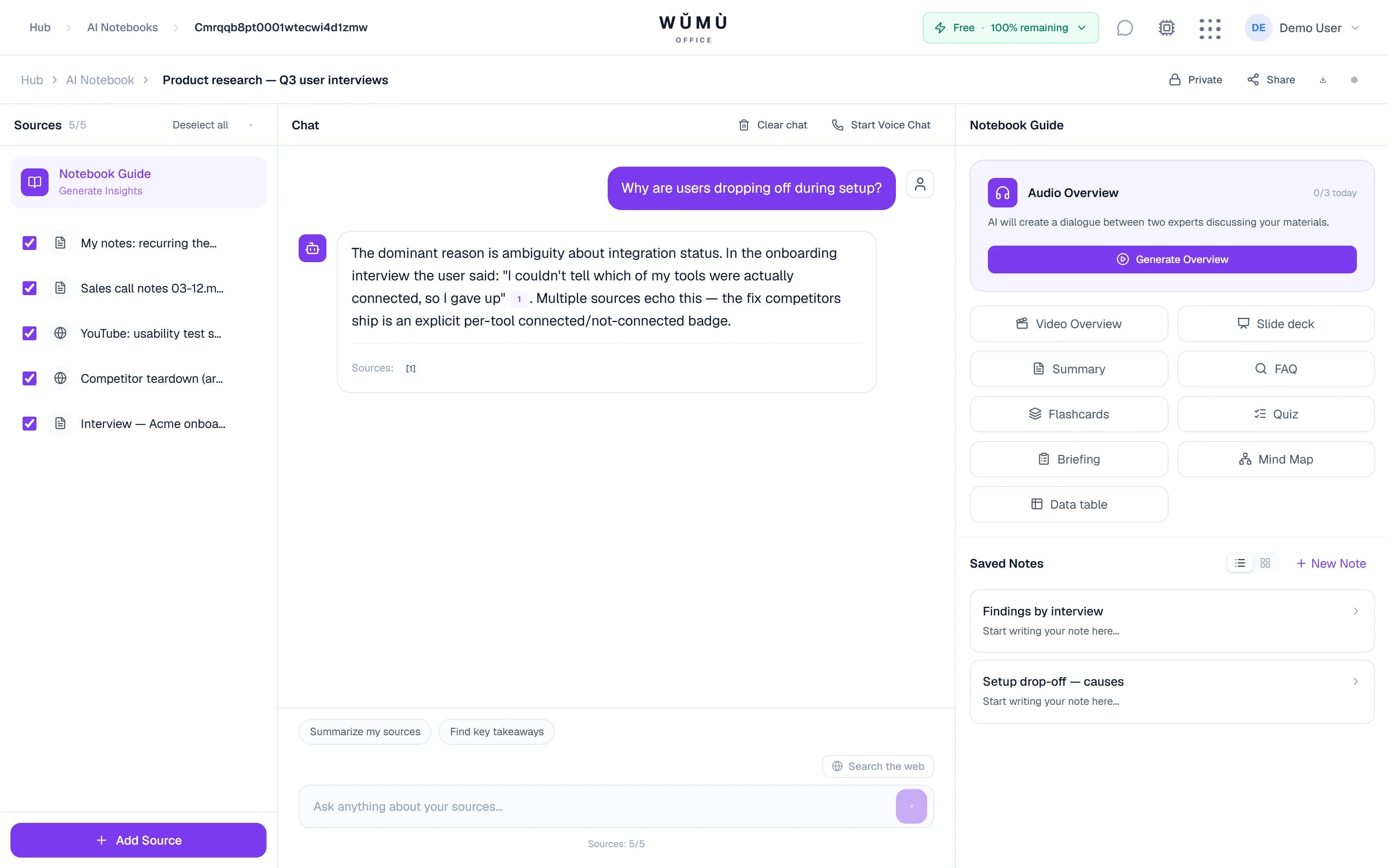 AI Notebook: sources, chat and the studio panel