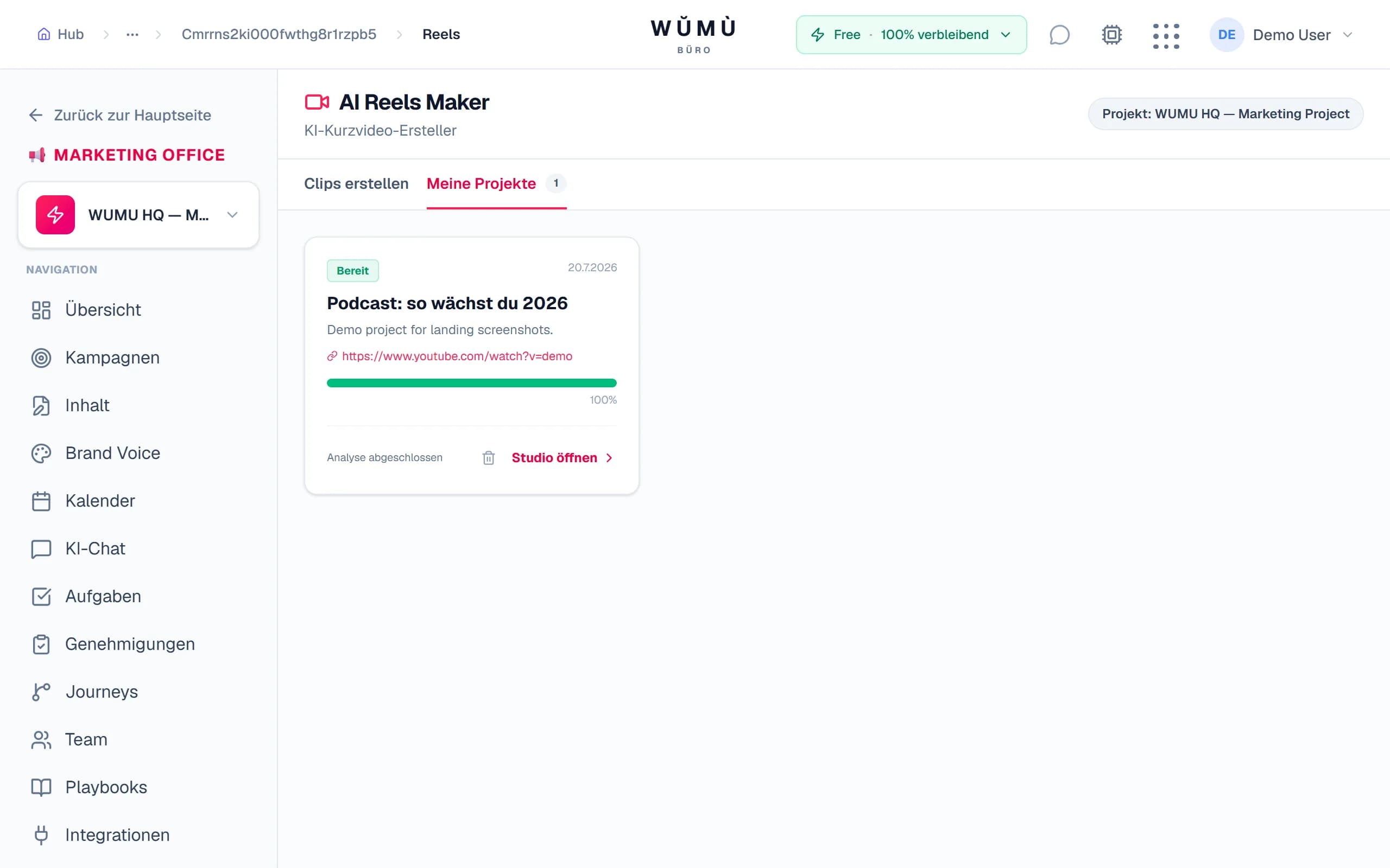 Reels-Projektliste: Bearbeitungsstatus und Ein-Klick ins Studio