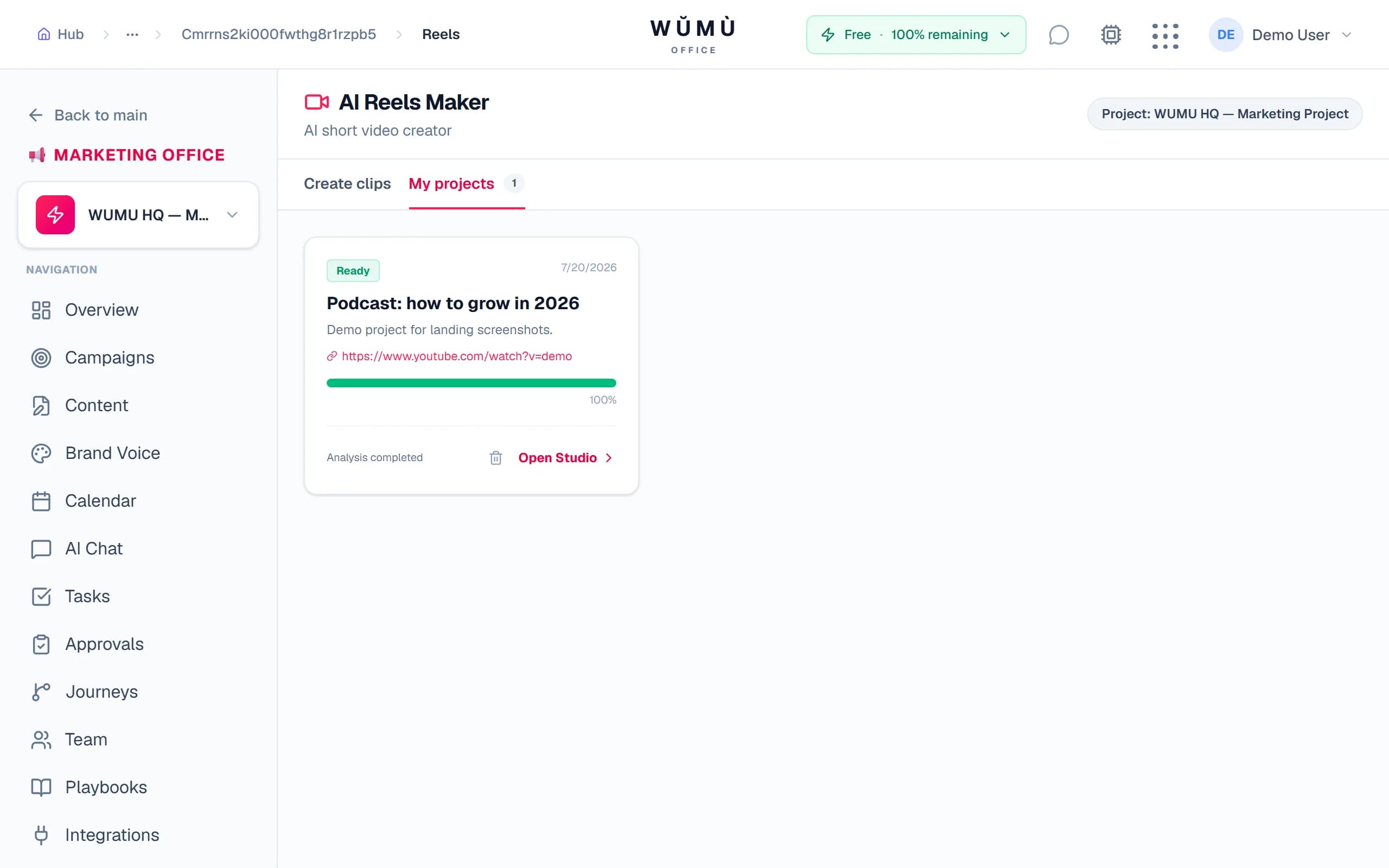Reels projects list: processing status and one-click into the studio