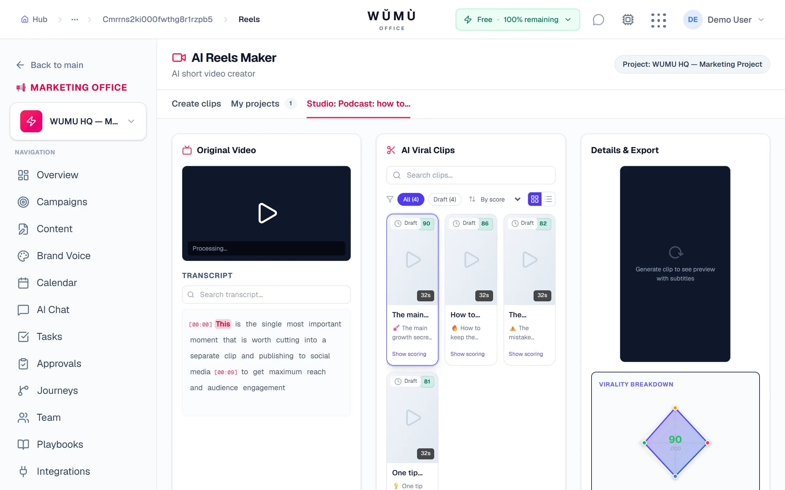 AI Reels Maker studio: highlighted transcript, viral clips gallery and virality breakdown