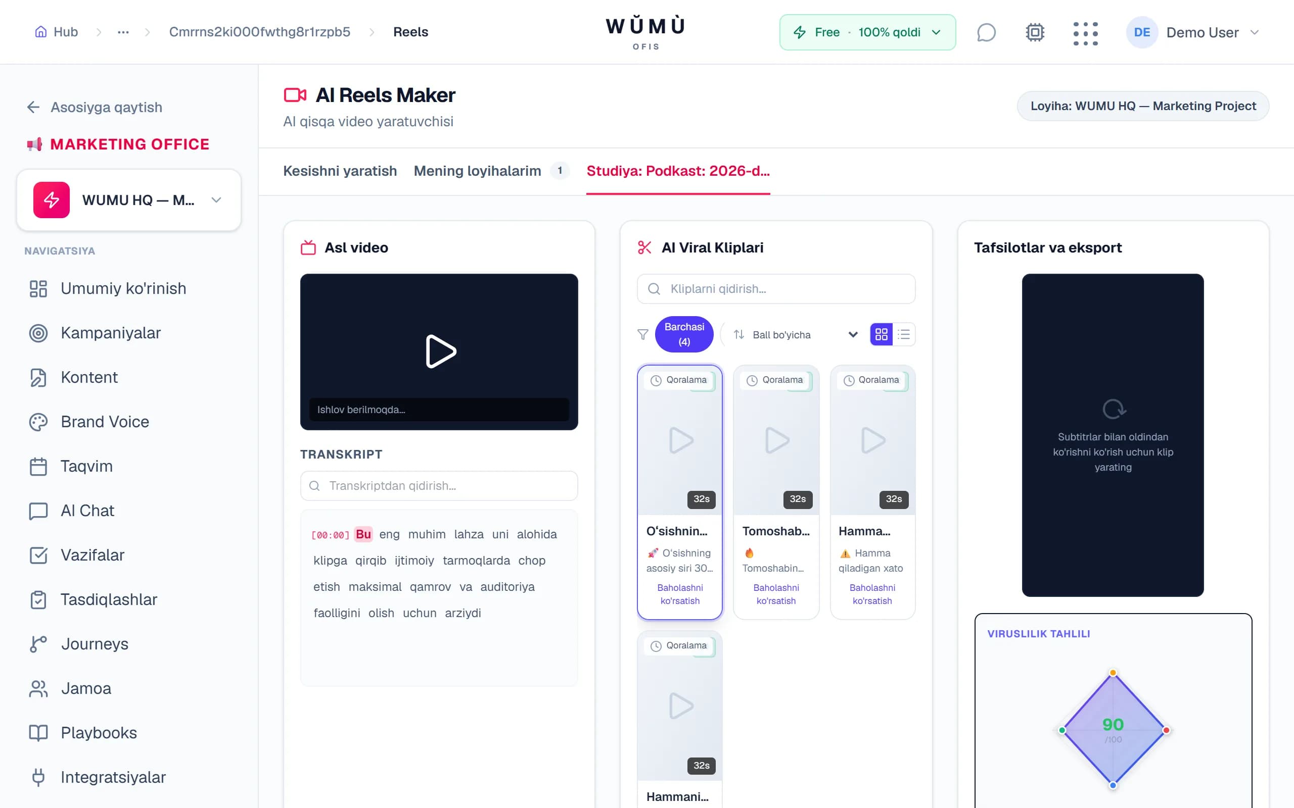 AI Reels Maker studiyasi: ajratilgan transkript, viral kliplar galereyasi va viruslik tahlili