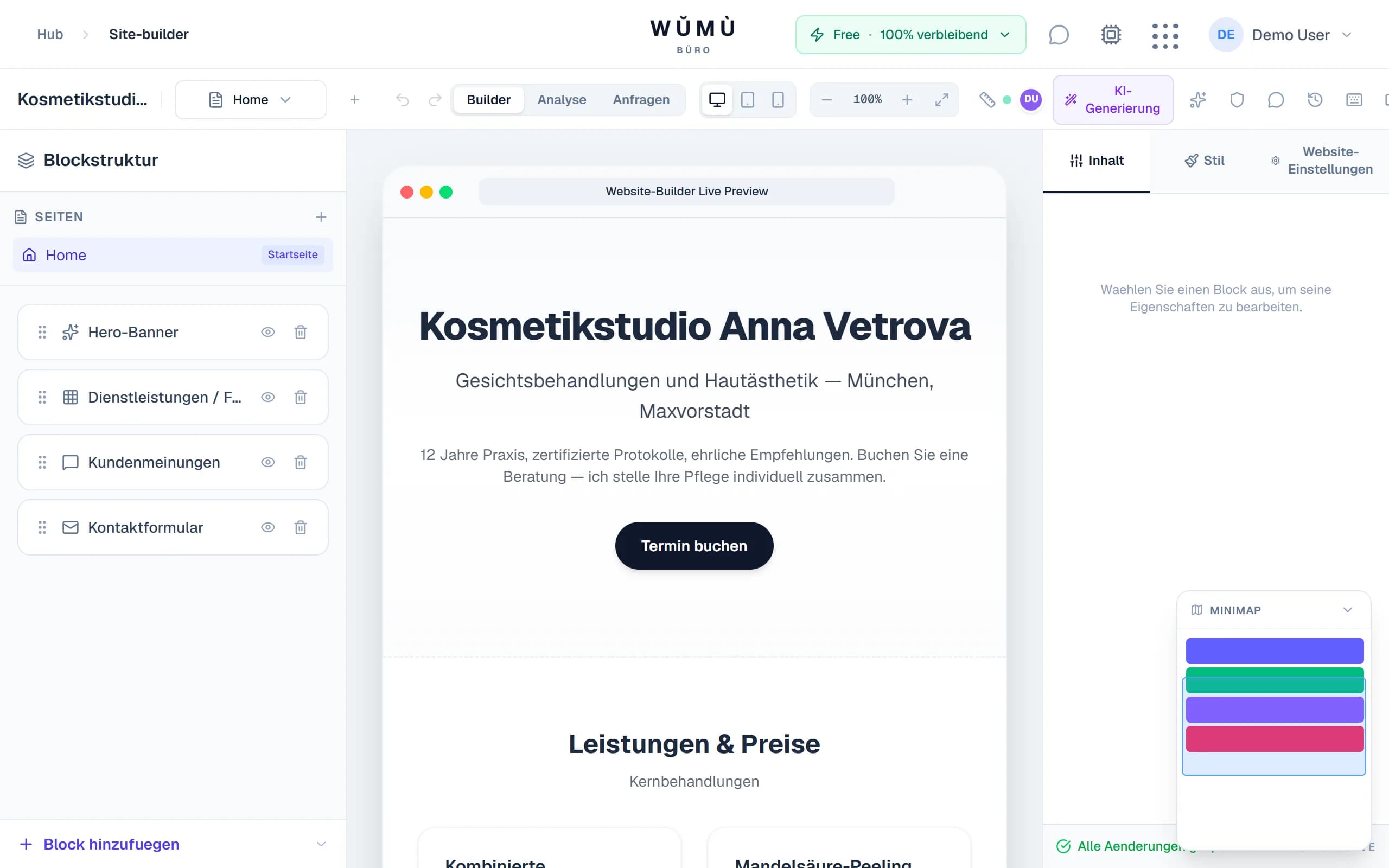 WUMU Website-Baukasten: Blockliste, Canvas und Stil-Inspektor
