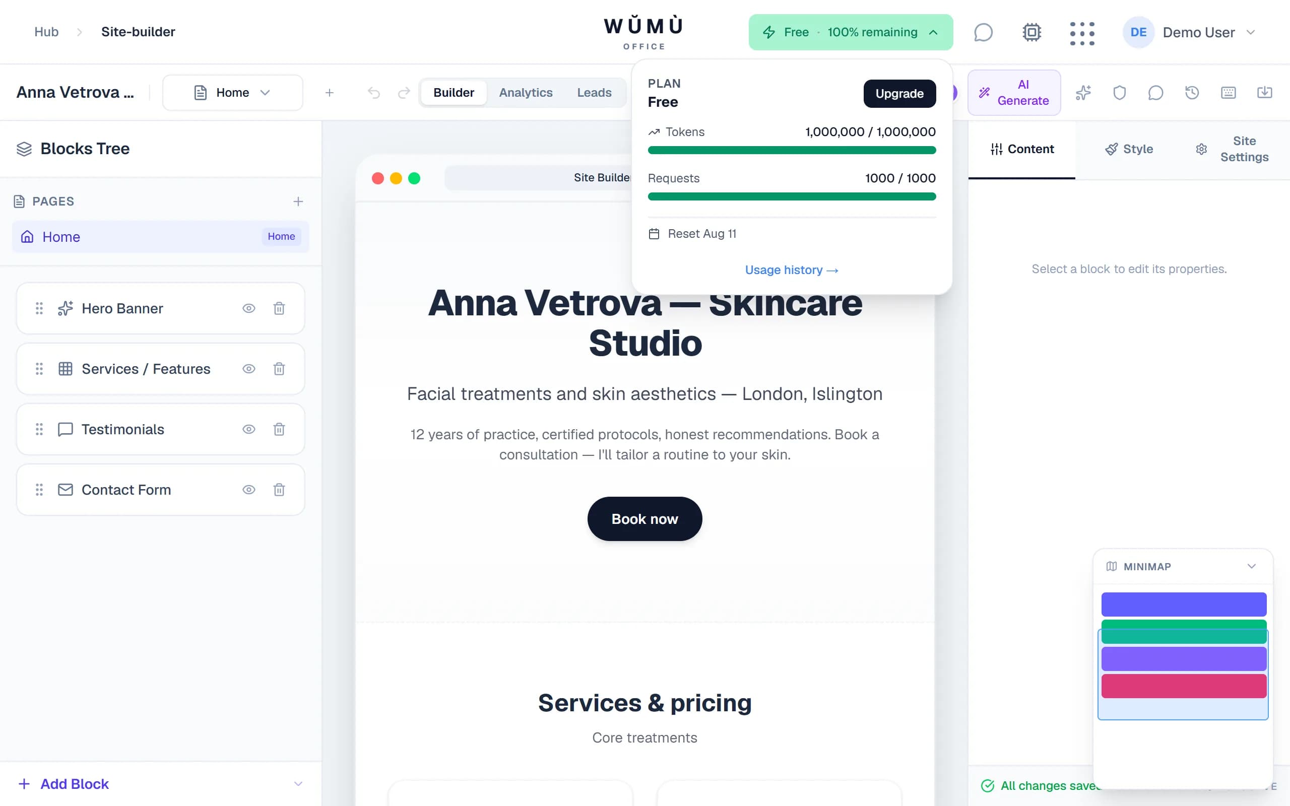 AI site generation in WUMU Site Builder: business description and block preview