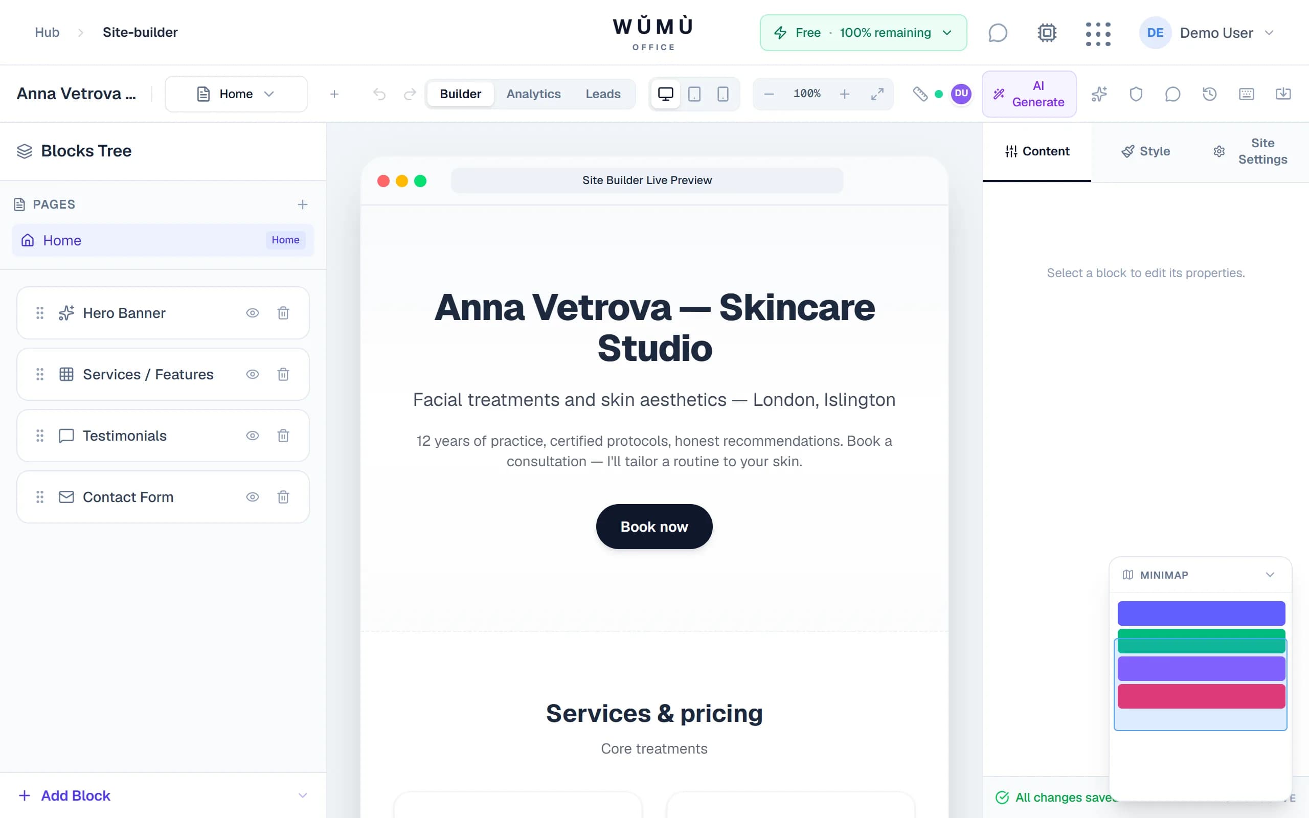 WUMU Site Builder editor: block panel, canvas and style inspector