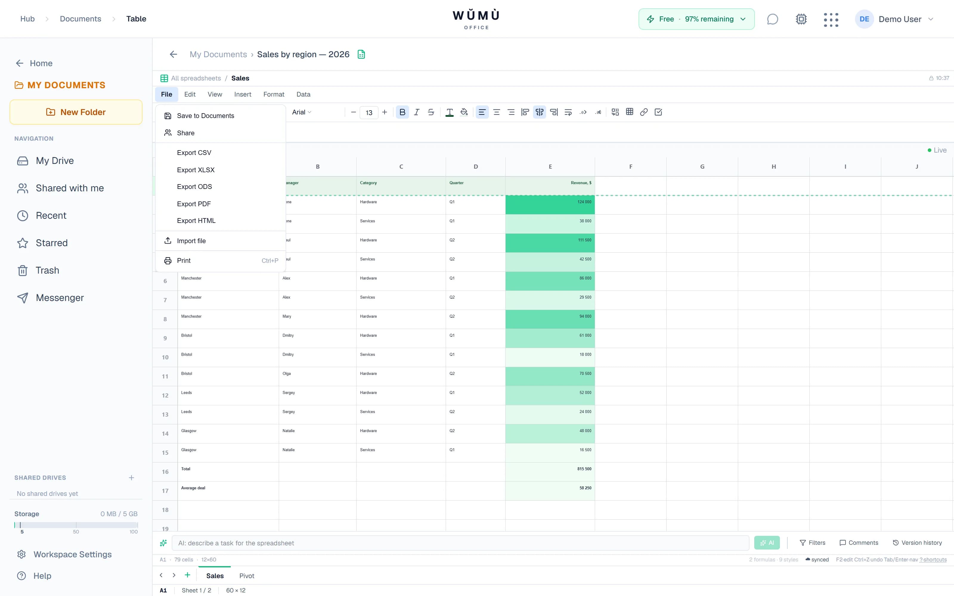 The File menu with its import and export items: CSV, XLSX, ODS, PDF, HTML