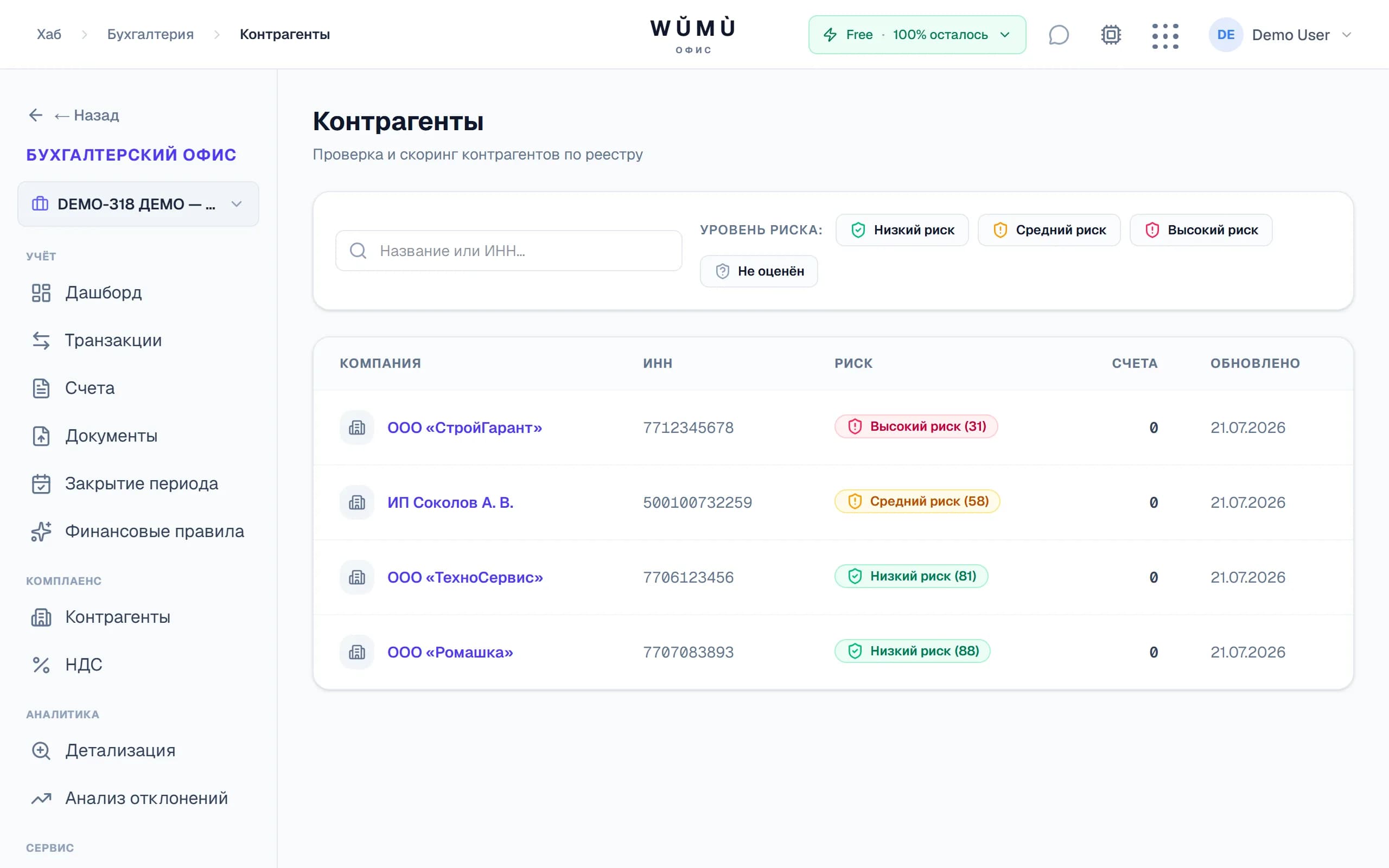Карточка контрагента с налоговым ID и уровнем риска