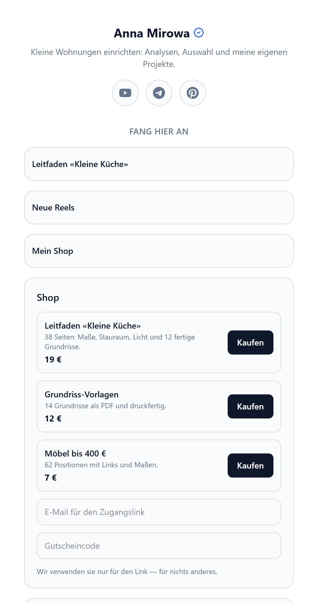 Die öffentliche Seite einer Creatorin mit Links und Shop