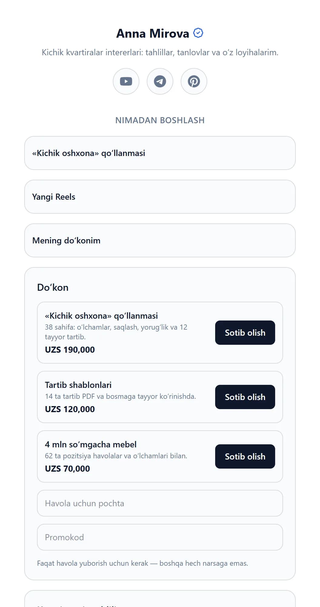 Muallifning ommaviy sahifasi: havolalar va doʻkon