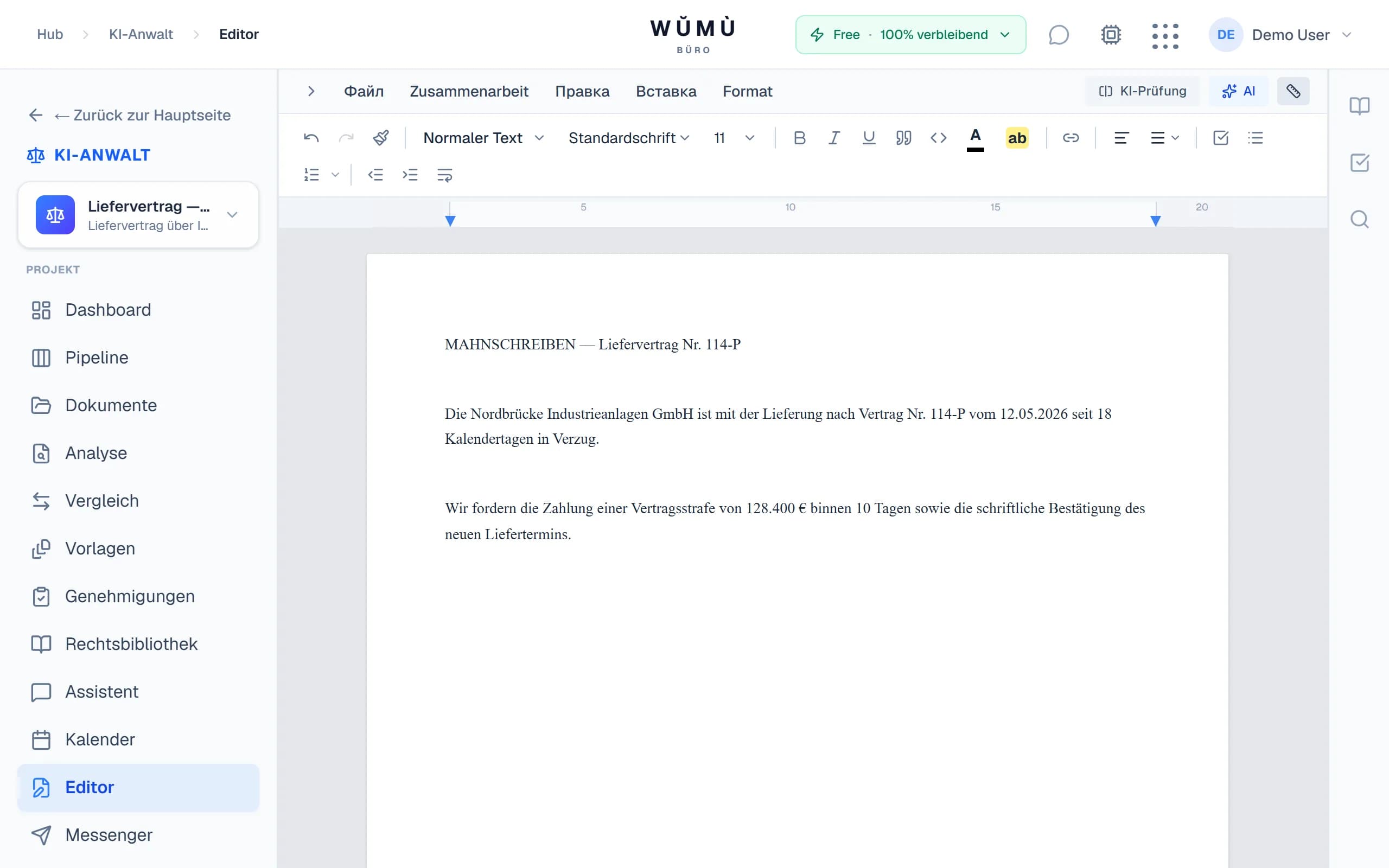 Dokumenteneditor mit KI-Prüfung