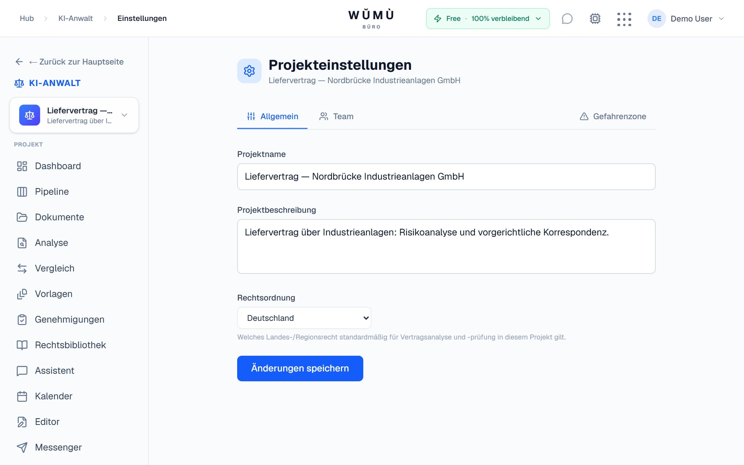 Auswahl der Projekt-Rechtsordnung: Kaskade Land → Region