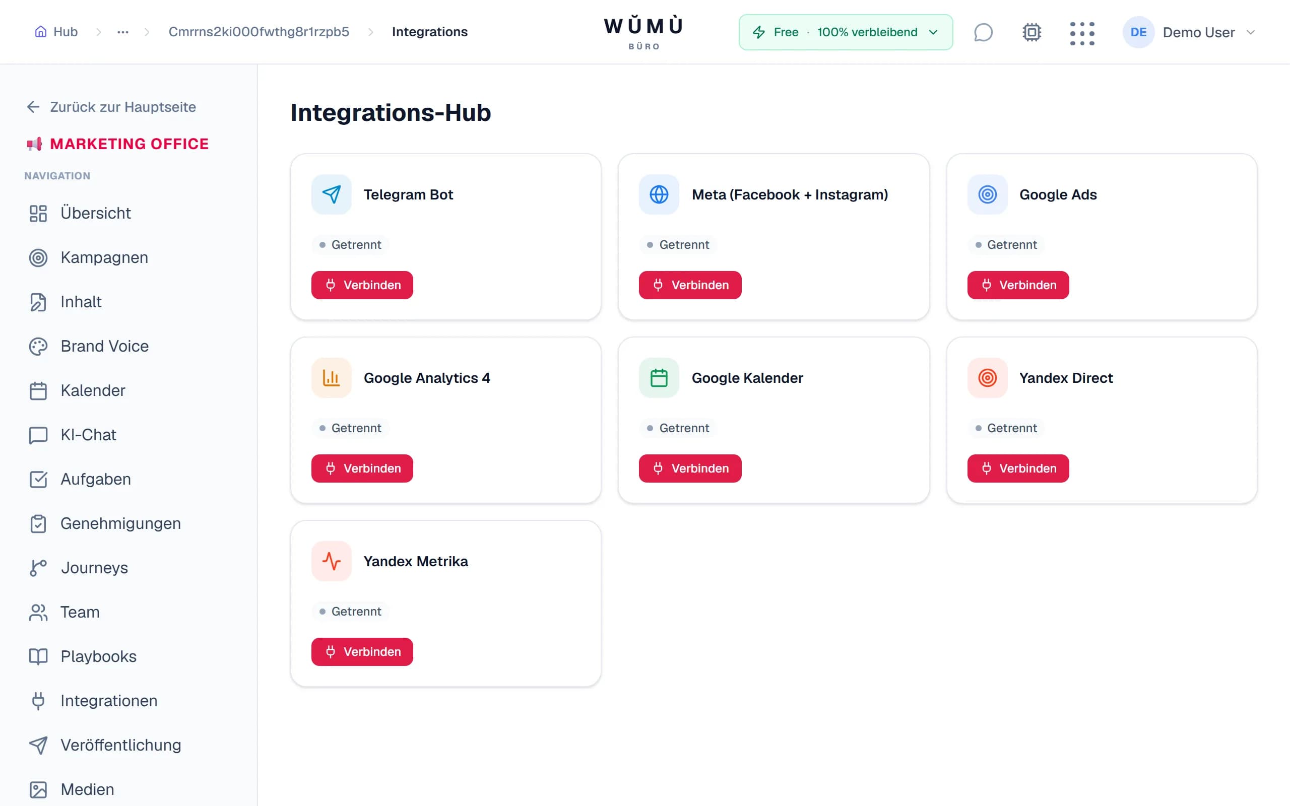 Integrationen — Telegram, Meta, VK und mehr verbinden