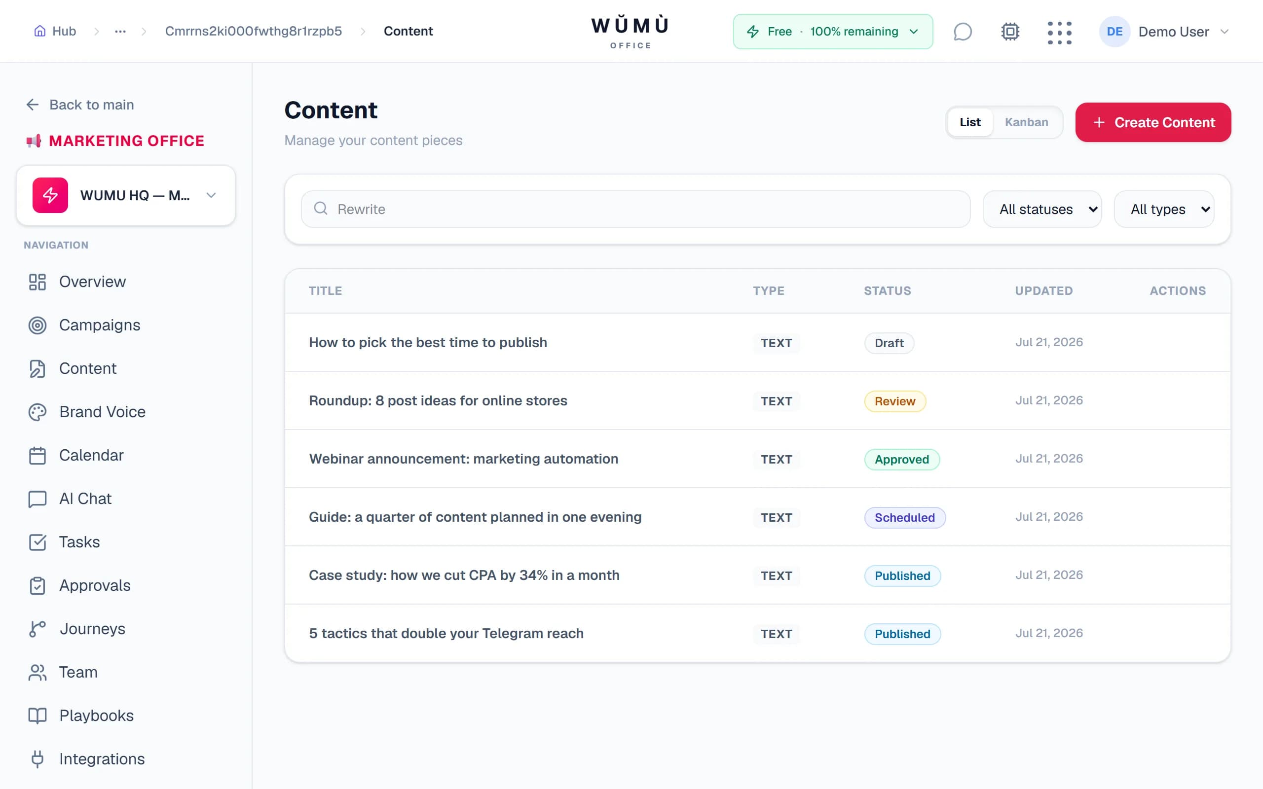 Content studio — drafts and their approval status at a glance