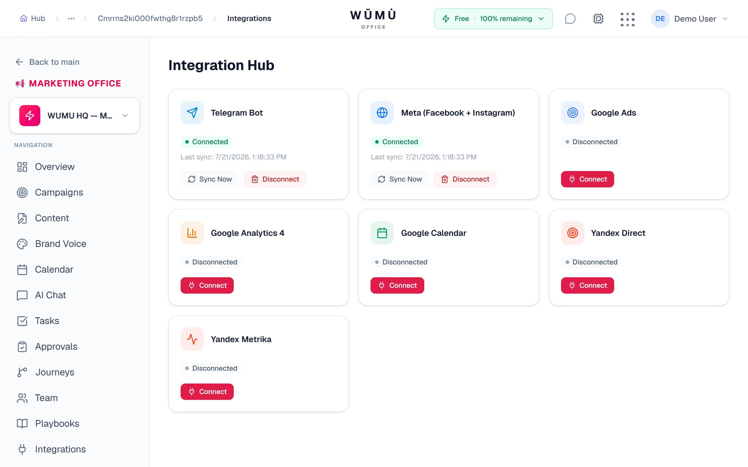 Integrations — connect Telegram, Meta, VK and more