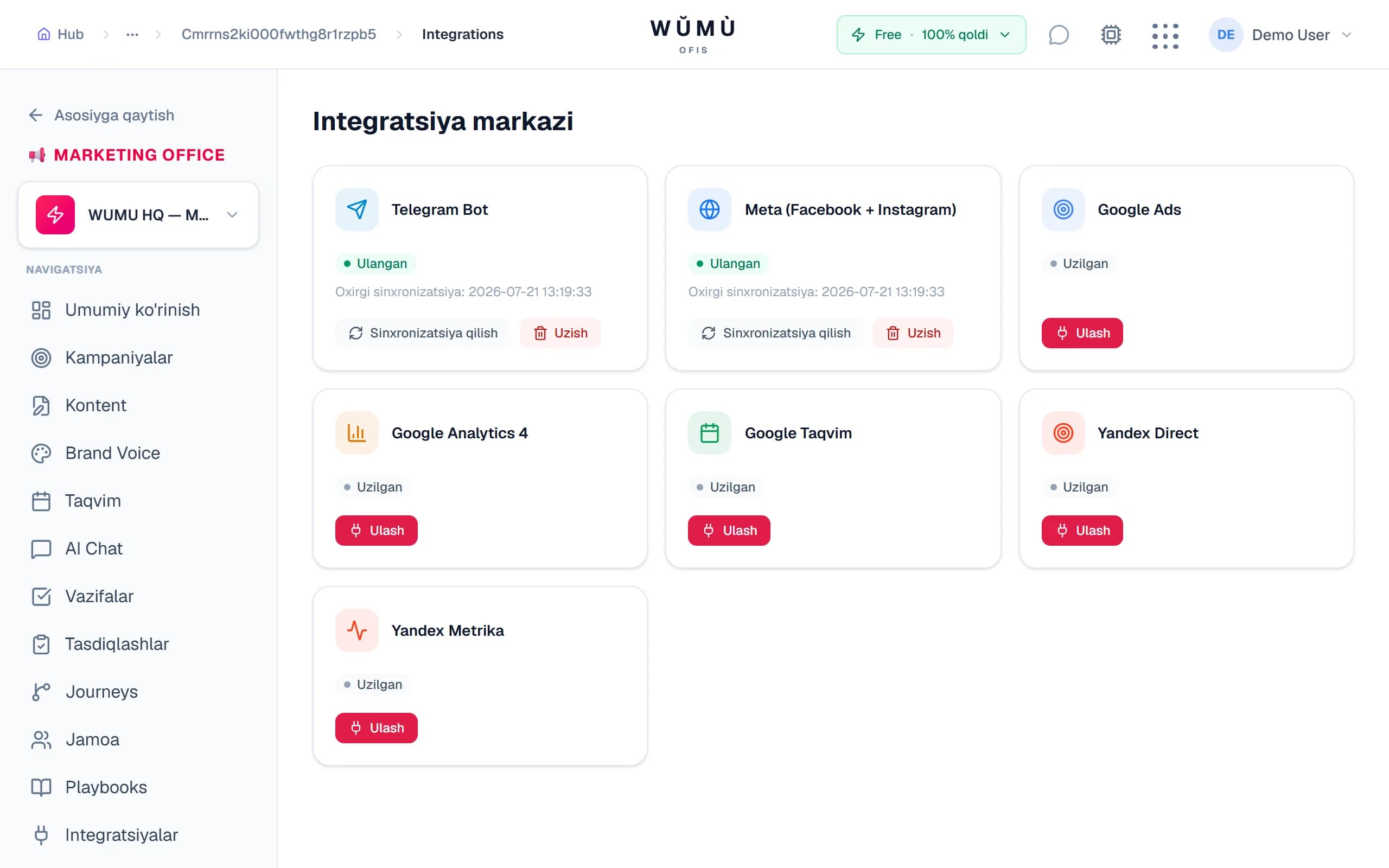 Integratsiyalar — Telegram, Meta, VK va boshqalarni ulash