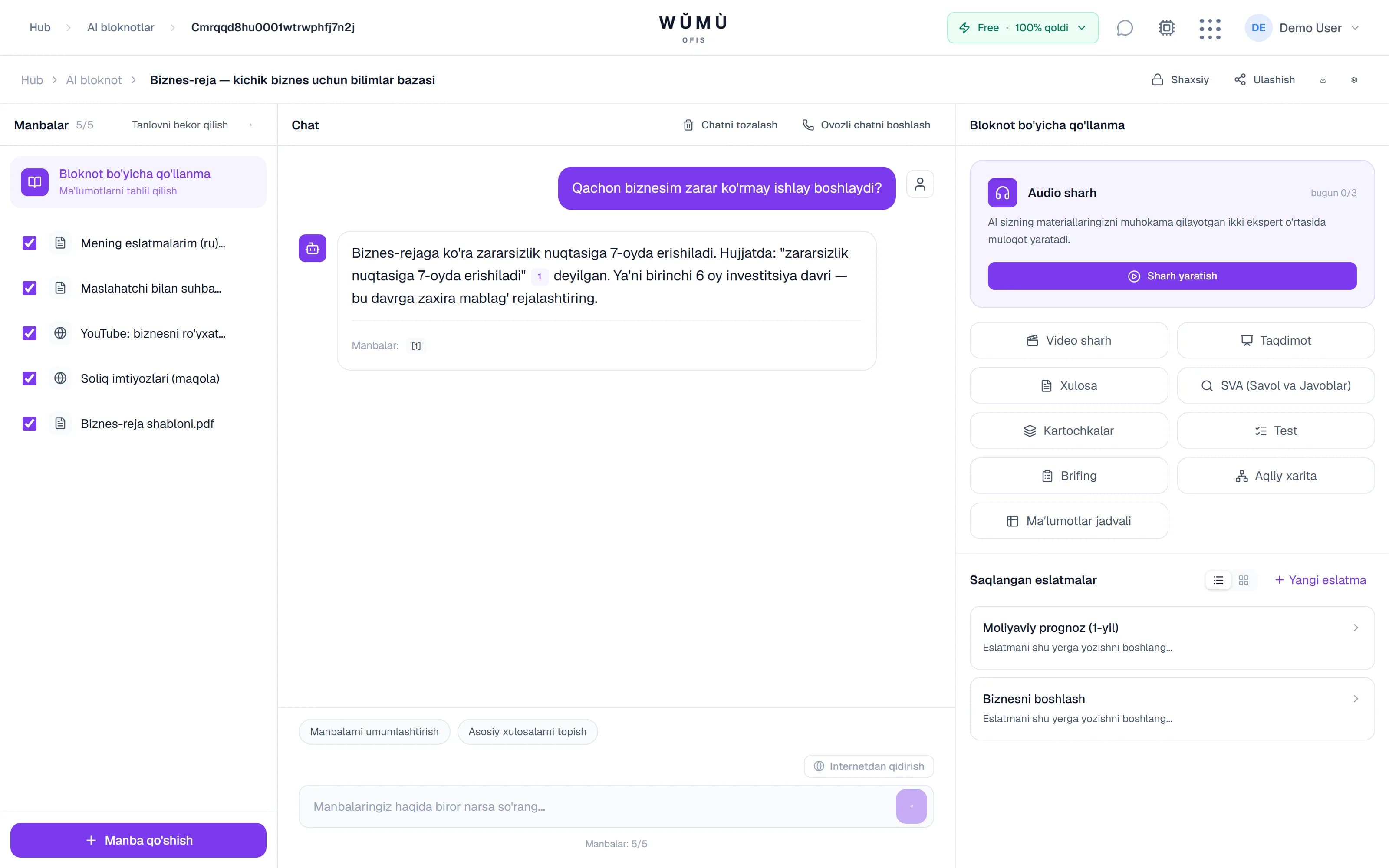 AI bloknot: manbalar, chat va studiya paneli