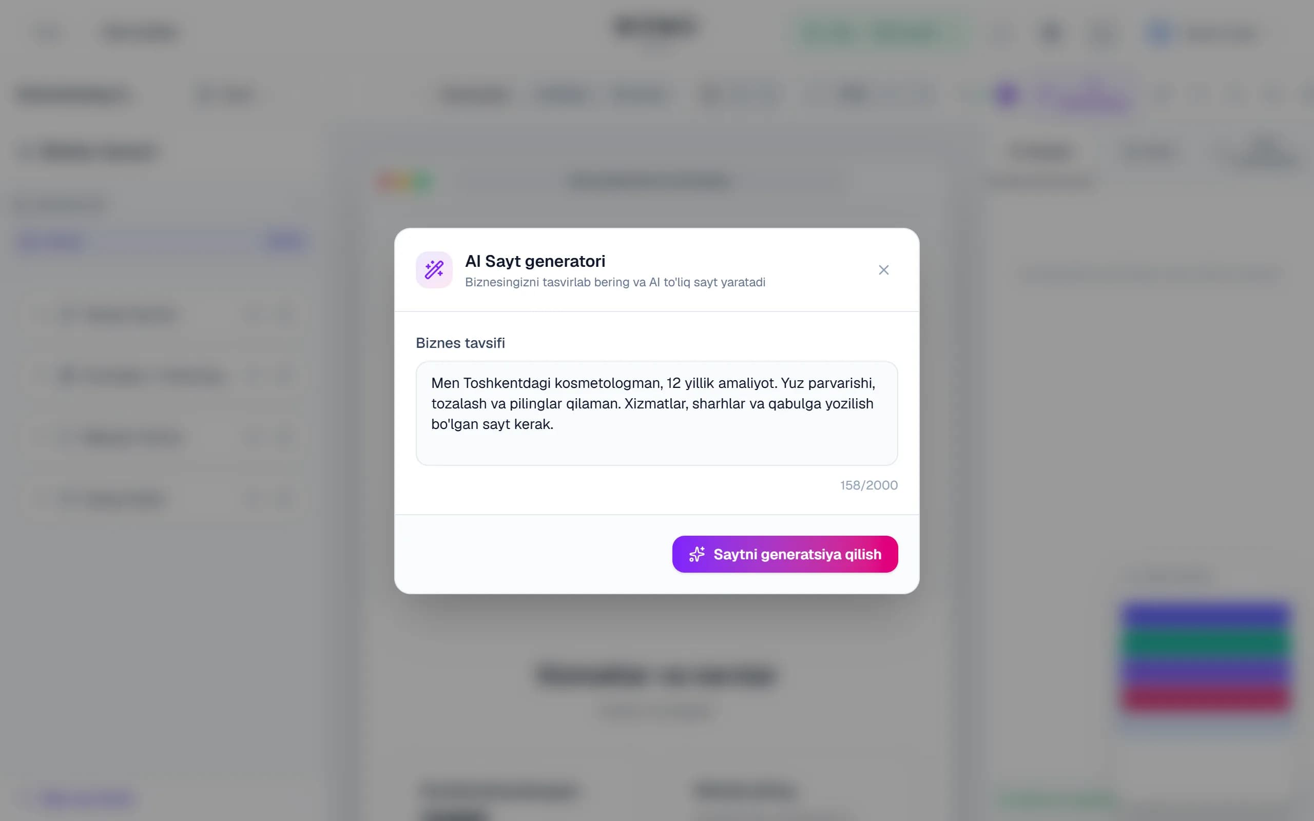 WUMU konstruktorida AI sayt generatsiyasi: biznes taʼrifi va bloklar koʻrinishi