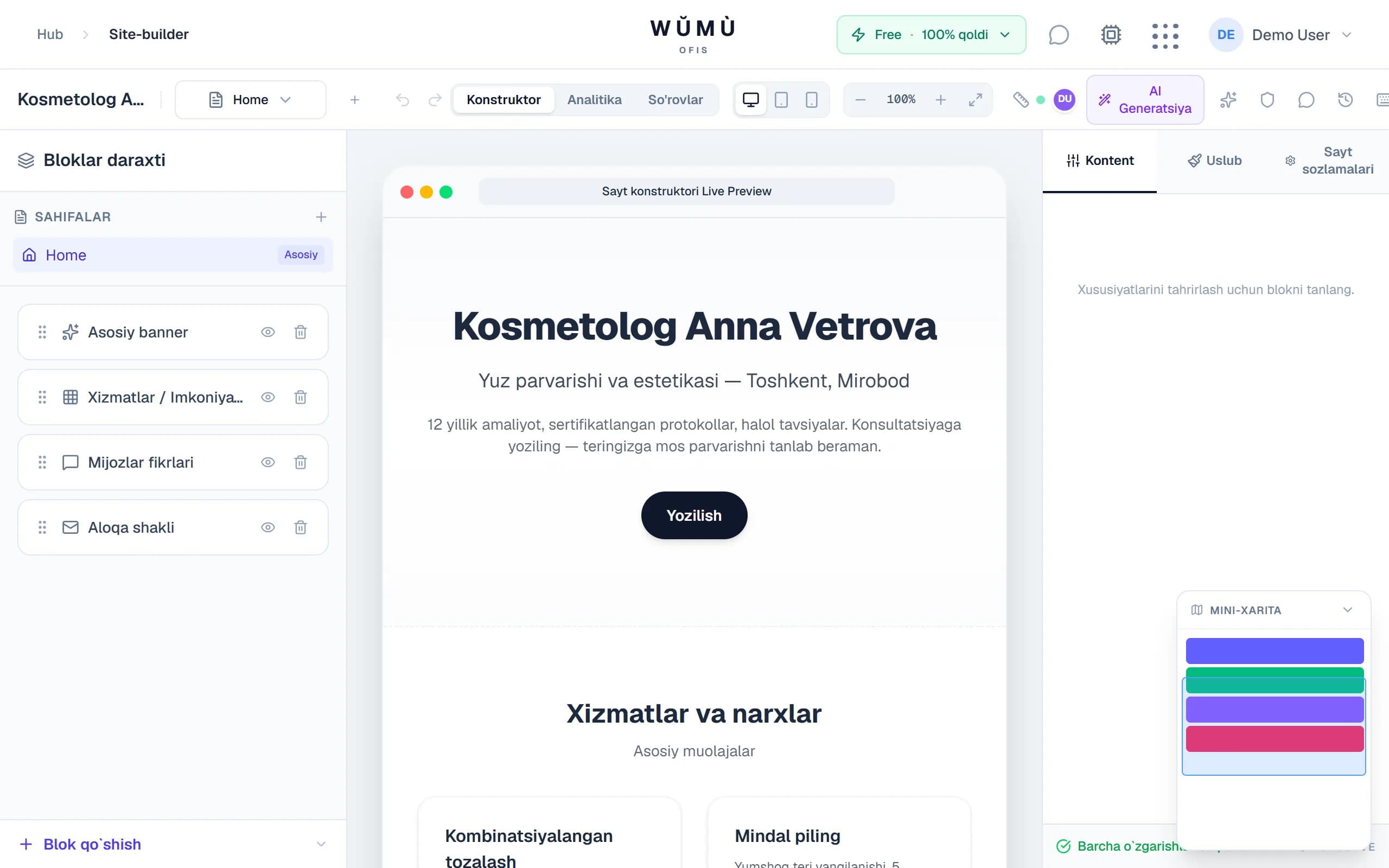 WUMU sayt konstruktori muharriri: bloklar paneli, kanvas va stil sozlamalari