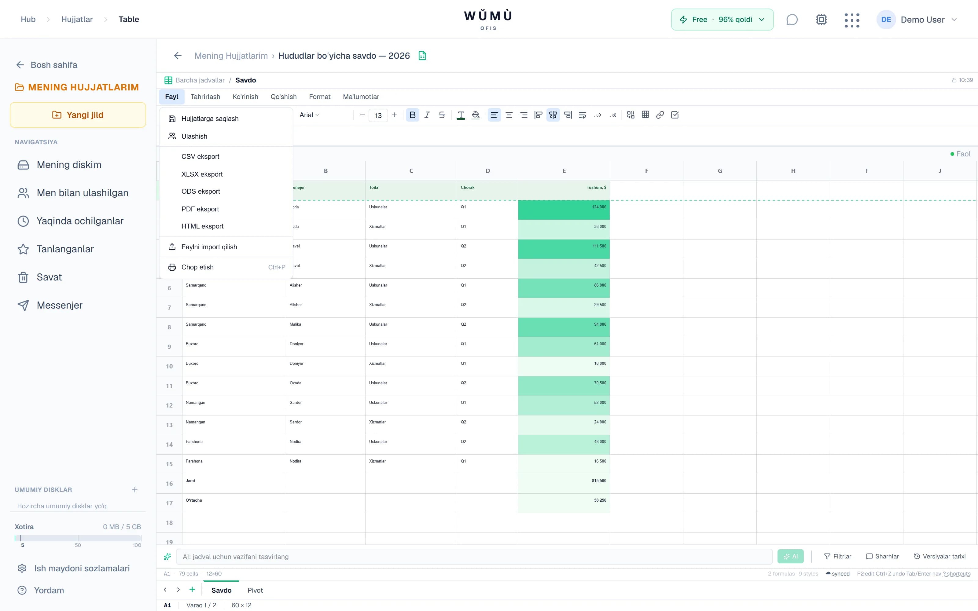 «Fayl» menyusi import va eksport bandlari bilan: CSV, XLSX, ODS, PDF, HTML